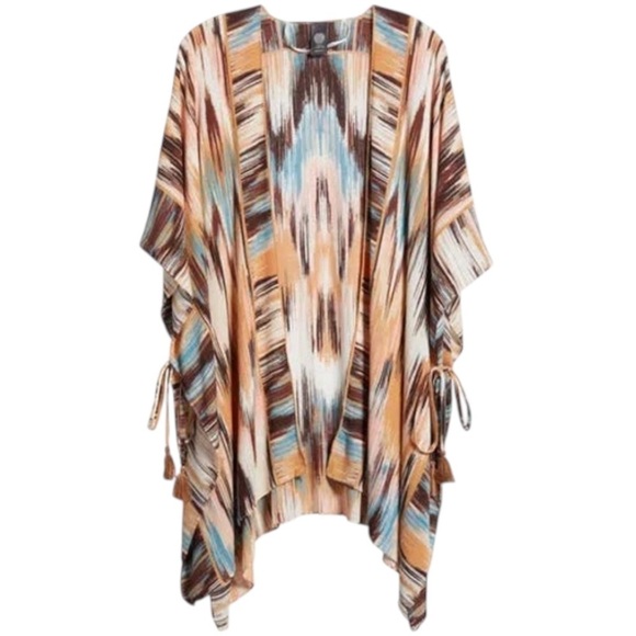 NWT Vince Camuto Cream Sand Multi Ikat V-Neck Tassels Boho Kimono Duster Sz OS - Picture 3 of 7